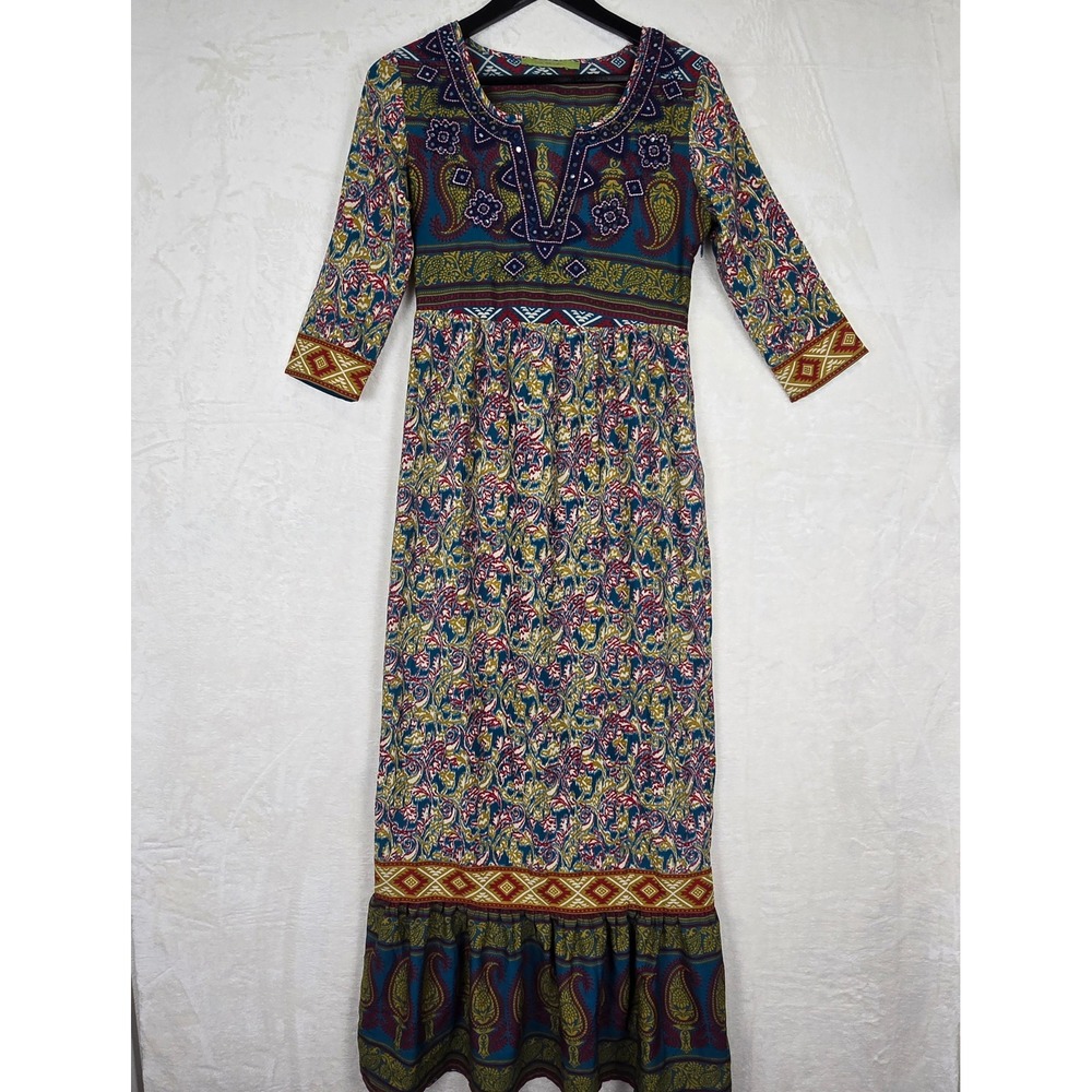 Rapsodia‎ Boho Maxi Dress Teal Paisley Embroidered Empire Waist Womens Small